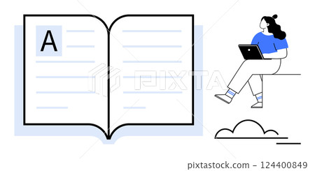 Woman sitting on a ledge with a laptop next to an open book, large letter A, lines of text, cloud. Ideal for education, e-learning, online courses, study habits, literacy, remote work. Line metaphor 124400849