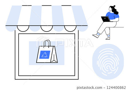 Woman using laptop while sitting, store awning with shopping bag, and fingerprint icon. Ideal for e-commerce, online security, retail, digital transaction, marketing, consumer behavior Woman using laptop while sitting, store awning with shopping bag, and fingerprint icon. Ideal for e-commerce, online security, retail, digital transaction, marketing, consumer behavior 124400862
