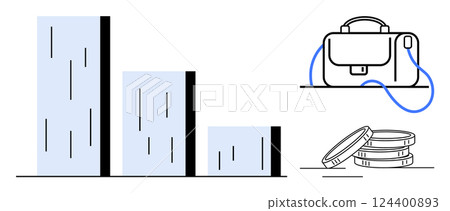 Bar graph decreasing in height from left to right alongside a briefcase and stacked coins. Ideal for finance, business presentations, economic analysis, investment strategies, financial planning 124400893