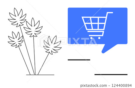 Shopping cart icon inside a blue chat bubble on the right side, black outlined palm trees on the left, and minimal black line accents. Ideal for e-commerce, communication, nature, minimalism, design 124400894