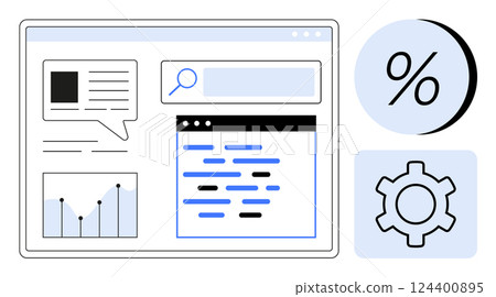 Business analytics interface with chat bubble, search bar, bar chart, coding window, percentage sign, and gear icon. Ideal for data analysis, marketing, SEO optimization, web design, business 124400895