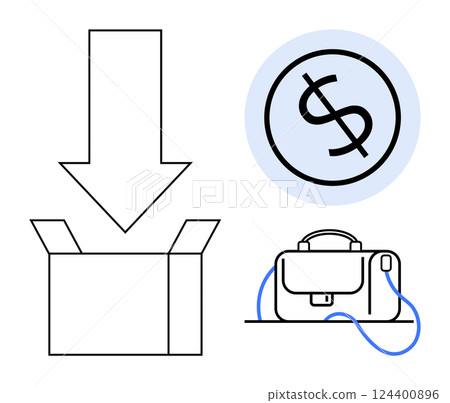 Open box with downward arrow, dollar sign in a circle, and briefcase with strap. Ideal for logistics, finance, business transactions, e-commerce, banking, investment, and online shopping concepts 124400896