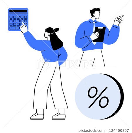 Business team members calculating financial data with calculator and documents, large percentage symbol. Ideal for finance, accounting, team collaboration, financial analysis, business reports, data Business team members calculating financial data with calculator and documents, large percentage symbol. Ideal for finance, accounting, team collaboration, financial analysis, business reports, data 124400897