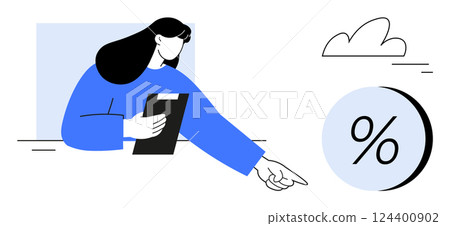 Woman holding clipboard while pointing towards a large percentage symbol, accompanied by a cloud. Ideal for financial education, business strategy, marketing analysis, economic reports, sales Woman holding clipboard while pointing towards a large percentage symbol, accompanied by a cloud. Ideal for financial education, business strategy, marketing analysis, economic reports, sales 124400902