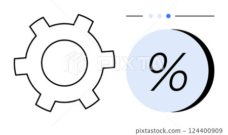 Gear and percentage symbols next to a progress indicator with three dots. Ideal for productivity, progress tracking, efficiency, statistics, data analysis, business, and technology themes. Line 124400909