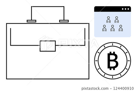 Business briefcase, cryptocurrency Bitcoin symbol, virtual meeting with multiple users. Ideal for finance, digital currency, remote work, business management, teamwork, online collaboration 124400910