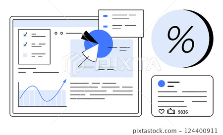 Data dashboard featuring analytics charts, pie chart, and percentage icon. Includes social media interaction metrics. Ideal for business reports, marketing analysis, social media strategies, data 124400911