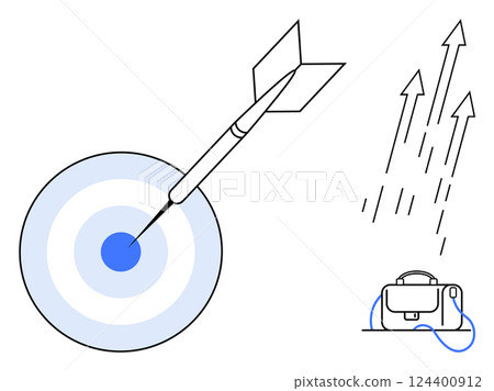 Bullseye target with arrow hitting the center, next to rising graph arrows and briefcase. Ideal for business strategies, goal setting, success measurement, career growth, achieving targets 124400912