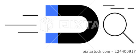 Black magnet with blue ends attracting a magnifying glass, symbolizing search optimization and marketing. Ideal for SEO strategies, online marketing, search engine trends, digital recruitment, user Black magnet with blue ends attracting a magnifying glass, symbolizing search optimization and marketing. Ideal for SEO strategies, online marketing, search engine trends, digital recruitment, user 124400917