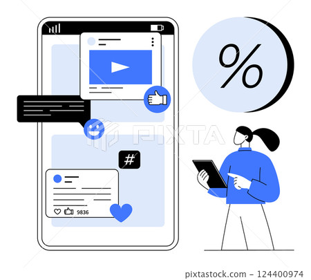 Mobile screen displaying social media content, including video, likes, and comments. Digital marketer with tablet. Ideal for social media marketing, digital strategy, online engagement, content 124400974