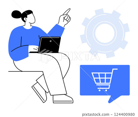 Person with laptop pointing upward, gear icon, and speech bubble with shopping cart symbol. Ideal for digital marketing, e-commerce, online shopping, website development, tech support, business Person with laptop pointing upward, gear icon, and speech bubble with shopping cart symbol. Ideal for digital marketing, e-commerce, online shopping, website development, tech support, business 124400980