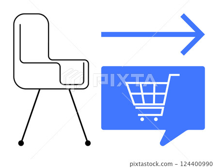 Chair icon on left blue speech bubble with shopping cart on right blue arrow pointing right signifying shopping movement. Ideal for e-commerce, online shopping, furniture stores, digital marketing Chair icon on left blue speech bubble with shopping cart on right blue arrow pointing right signifying shopping movement. Ideal for e-commerce, online shopping, furniture stores, digital marketing 124400990