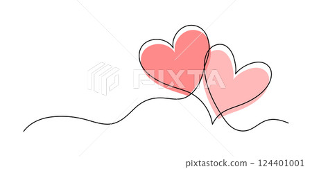 Two intertwined hearts in a continuous line drawing. Simple line art of two overlapping hearts for Valentine's Day. 124401001