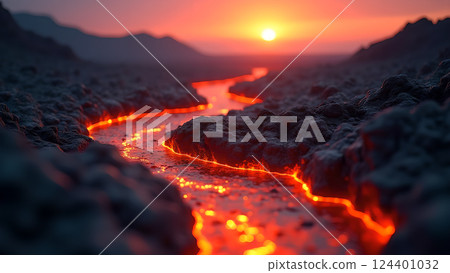Molten River, A Fiery Landscape at Sunset lava 124401032
