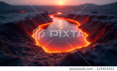 Molten River, A Fiery Landscape at Sunset lava 124401033