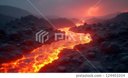 Molten River, A Fiery Landscape at Sunset lava 124401034