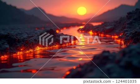 Molten River, A Fiery Landscape at Sunset lava 124401035