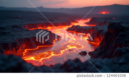 Molten River, A Fiery Landscape at Sunset lava 124401036
