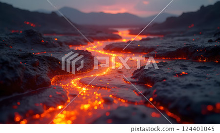 Molten River, A Fiery Landscape at Sunset lava 124401045