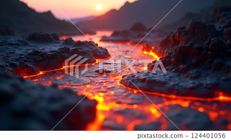 Molten River, A Fiery Landscape at Sunset lava 124401056