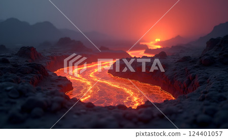 Molten River, A Fiery Landscape at Sunset lava 124401057