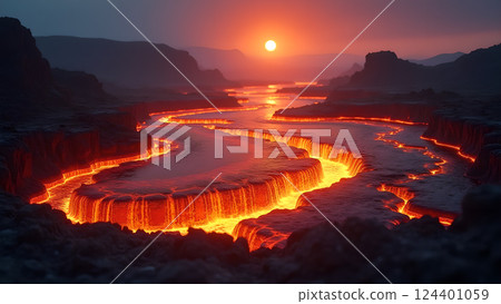 Molten River, A Fiery Landscape at Sunset lava 124401059