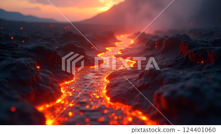 Molten River, A Fiery Landscape at Sunset lava 124401060