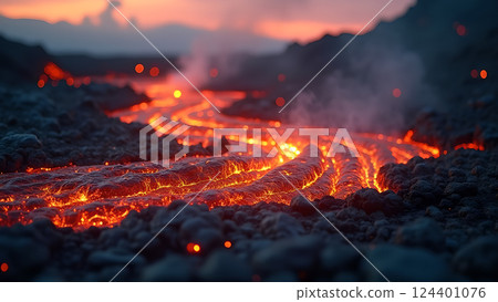 Molten River, A Fiery Landscape at Sunset lava 124401076