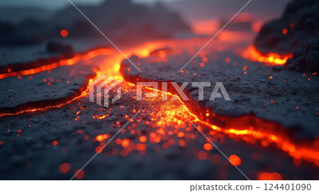 Molten River, A Fiery Landscape at Sunset lava 124401090