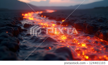 Molten River, A Fiery Landscape at Sunset lava 124401103