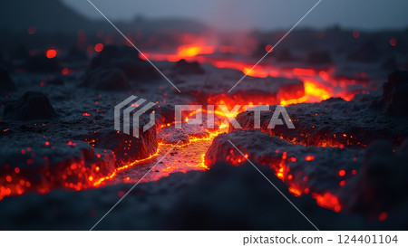 Molten River, A Fiery Landscape at Sunset lava 124401104