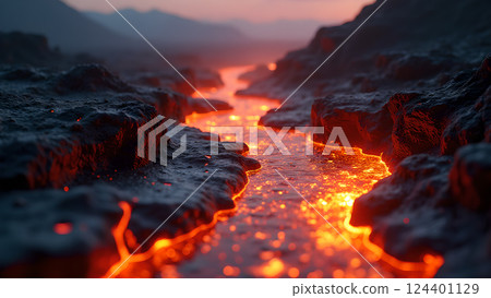 Molten River, A Fiery Landscape at Sunset lava 124401129