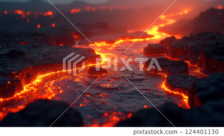 Molten River, A Fiery Landscape at Sunset lava 124401130