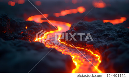 Molten River, A Fiery Landscape at Sunset lava 124401131