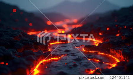 Molten River, A Fiery Landscape at Sunset lava 124401141