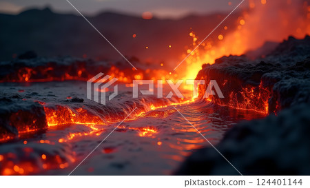 Molten River, A Fiery Landscape at Sunset lava 124401144
