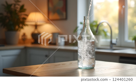 Refreshing Water in Glass with Natural Sunlight 124401260