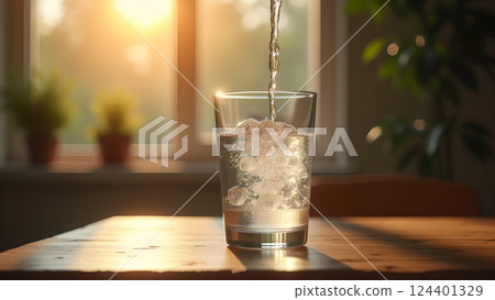 Refreshing Water in Glass with Natural Sunlight 124401329