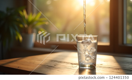 Refreshing Water in Glass with Natural Sunlight 124401350