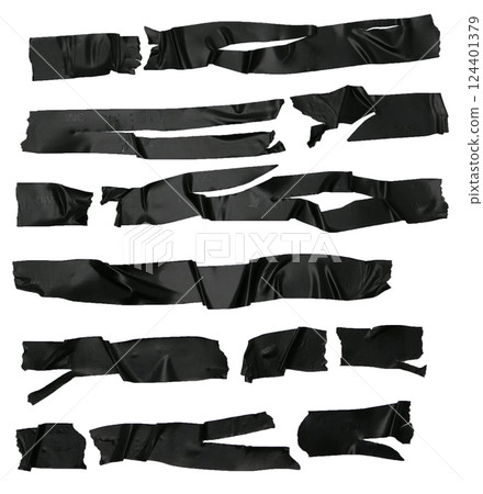 Used pieces of black Scotch tape stuck isolated on white background Used pieces of black Scotch tape stuck isolated on white background 124401379