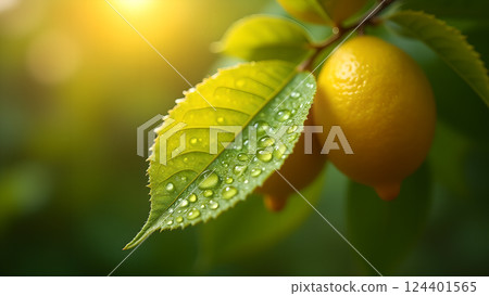 Lush Green Leaf with Water Droplets in Sunlight Lush Green Leaf with Water Droplets in Sunlight 124401565