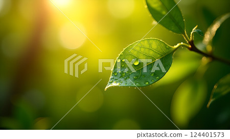 Lush Green Leaf with Water Droplets in Sunlight Lush Green Leaf with Water Droplets in Sunlight 124401573