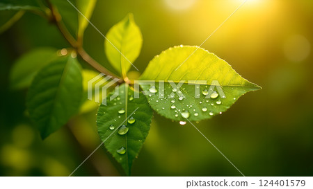 Lush Green Leaf with Water Droplets in Sunlight Lush Green Leaf with Water Droplets in Sunlight 124401579