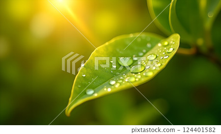 Lush Green Leaf with Water Droplets in Sunlight 124401582