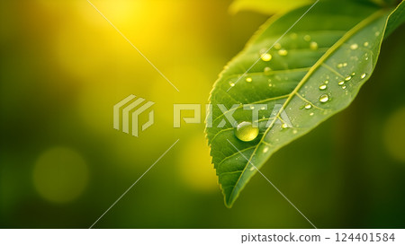 Lush Green Leaf with Water Droplets in Sunlight 124401584