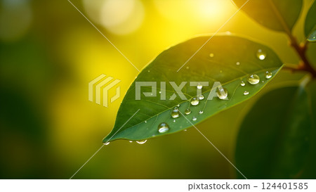 Lush Green Leaf with Water Droplets in Sunlight Lush Green Leaf with Water Droplets in Sunlight 124401585