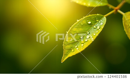 Lush Green Leaf with Water Droplets in Sunlight Lush Green Leaf with Water Droplets in Sunlight 124401586