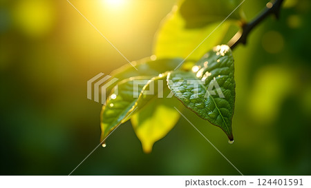 Lush Green Leaf with Water Droplets in Sunlight 124401591
