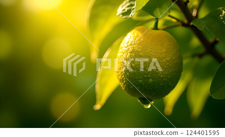 Lush Green Leaf with Water Droplets in Sunlight 124401595