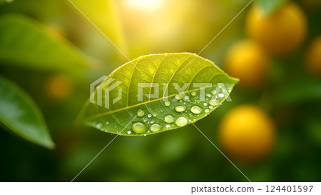 Lush Green Leaf with Water Droplets in Sunlight 124401597